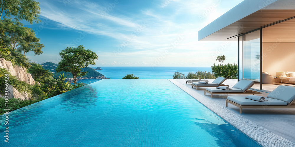 Fototapeta premium Terrasse in Luxushotel mit Sonnenliegen und Swimmingpool mit klarem blauem Wasser und atemberaubendem Blick auf Meer und Himmel. Urlaubskonzept für Sommerresorthotels. 