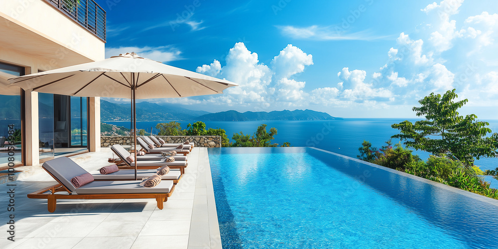 Fototapeta premium Terrasse in Luxushotel mit Sonnenliegen und Swimmingpool mit klarem blauem Wasser und atemberaubendem Blick auf Meer und Himmel. Urlaubskonzept für Sommerresorthotels. 