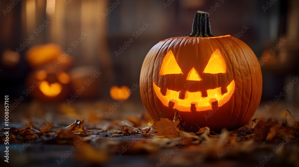 A Glowing Halloween Pumpkin Jack o Lantern on Fallen Leaves with Empty Copy Space A Glowing Halloween Pumpkin Jack o Lantern on Fallen Leaves with Empty Copy Space