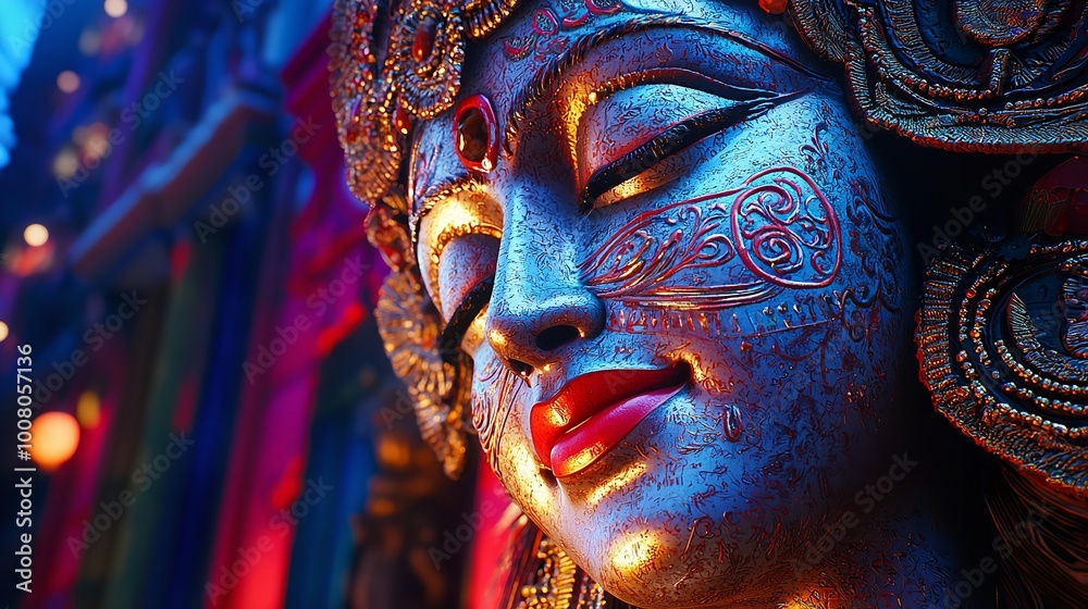 Goddess Durga idol at decorated Durga Puja pandal, shot at colored light, at Kolkata, West Bengal, India. Durga Puja is biggest religious festival of Hinduism and is now celebrated worldwide. Goddess Durga idol at decorated Durga Puja pandal, shot at colored light, at Kolkata, West Bengal, India. Durga Puja is biggest religious festival of Hinduism and is now celebrated worldwide.