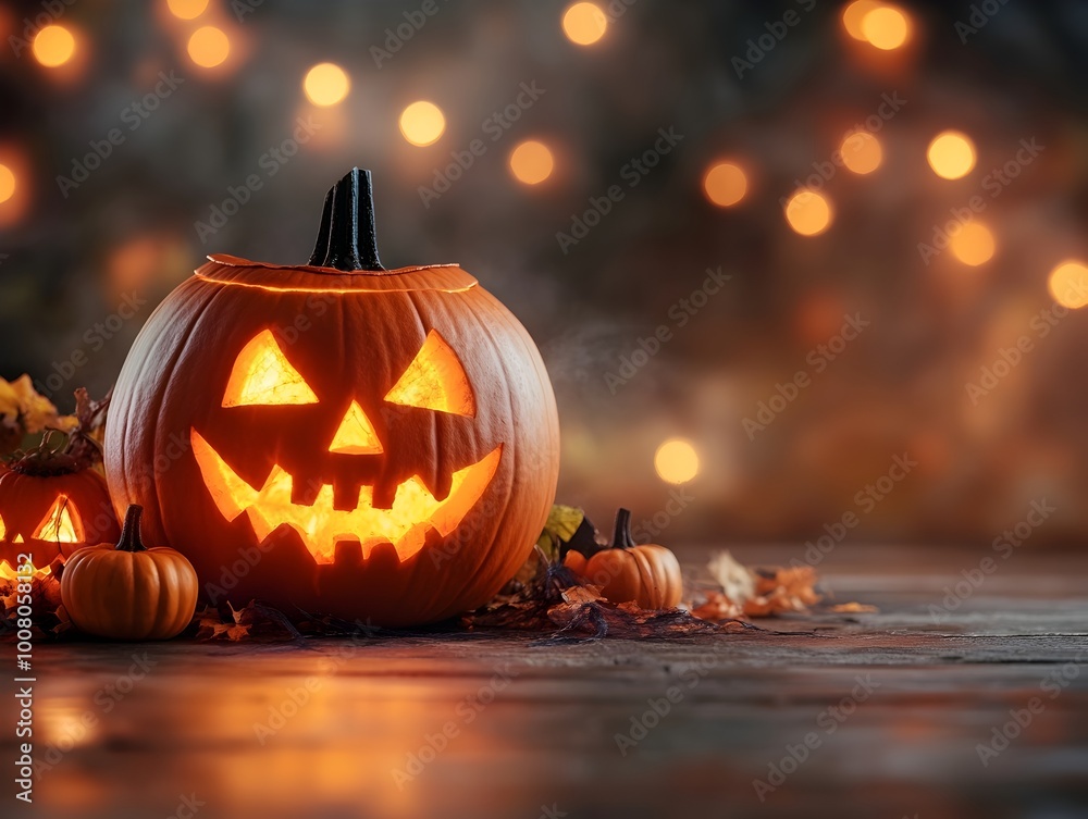 Glowing Jack o  Lantern on a Wooden Table with Autumn Leaves
