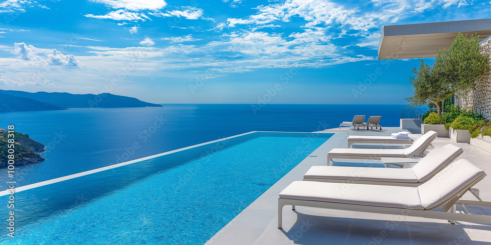 Fototapeta premium Terrasse in Luxushotel mit Sonnenliegen und Swimmingpool mit klarem blauem Wasser und atemberaubendem Blick auf Meer und Himmel. Urlaubskonzept für Sommerresorthotels. 