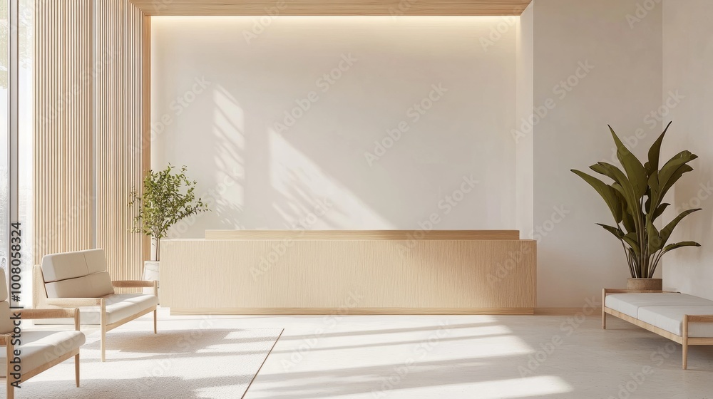 Modern waiting room with a light wood front desk, simple decor, LED lighting, and clear windows providing a bright, minimalist space Modern waiting room with a light wood front desk, simple decor, LED lighting, and clear windows providing a bright, minimalist space