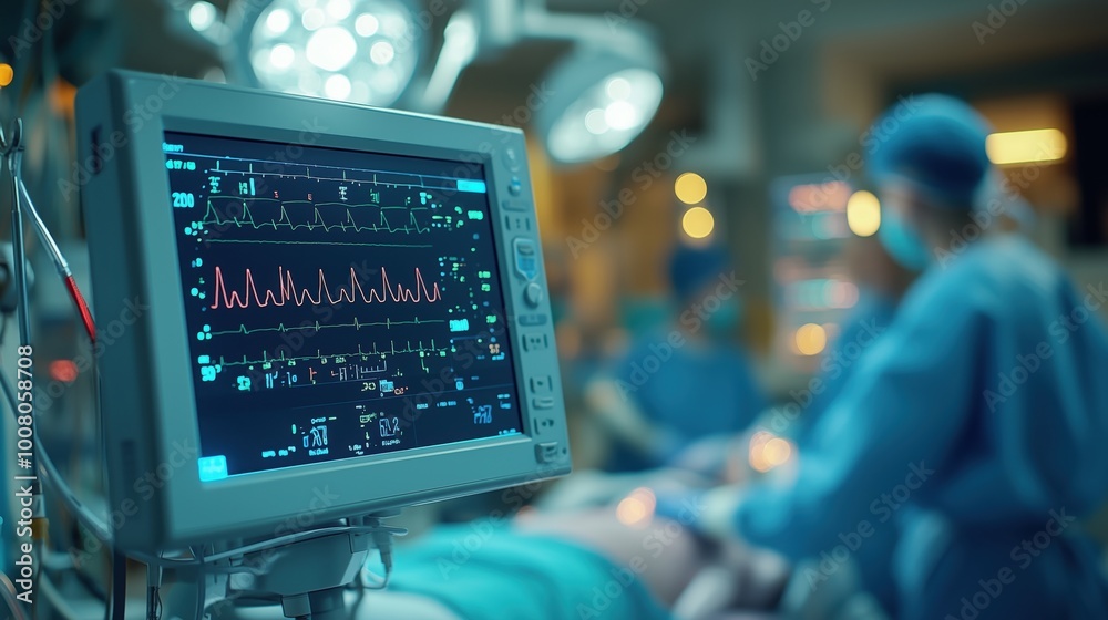 Medical monitor displays vital signs in a surgery room, showcasing healthcare technology in action during a critical surgical procedure. Medical monitor displays vital signs in a surgery room, showcasing healthcare technology in action during a critical surgical procedure.