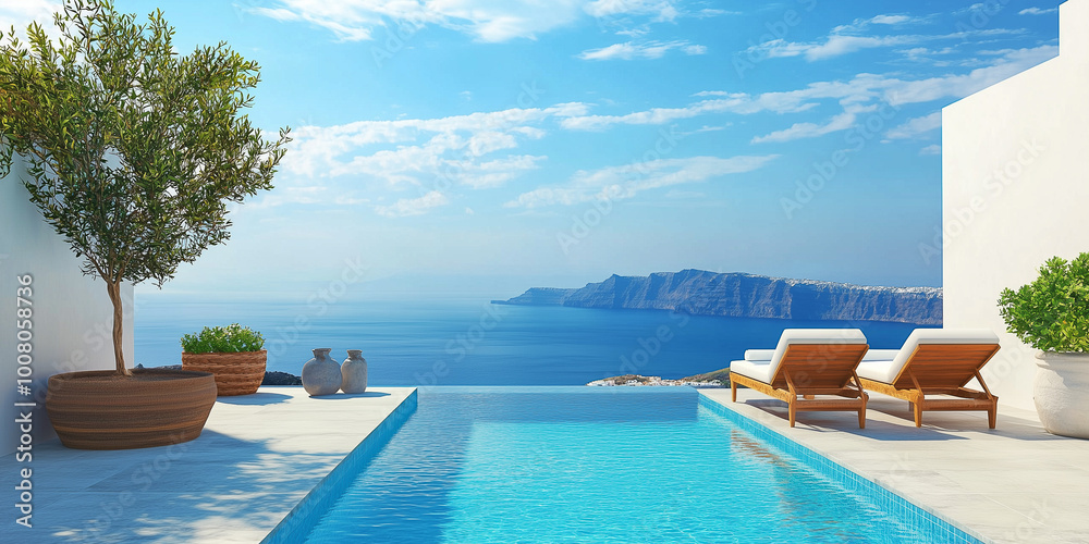 Fototapeta premium Terrasse in Luxushotel mit Sonnenliegen und Swimmingpool mit klarem blauem Wasser und atemberaubendem Blick auf Meer und Himmel. Urlaubskonzept für Sommerresorthotels. 