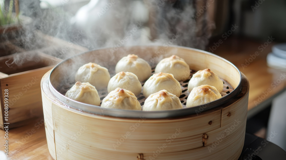 A basket of steaming steamed buns,created with Generative AI tecnology. A basket of steaming steamed buns,created with Generative AI tecnology.