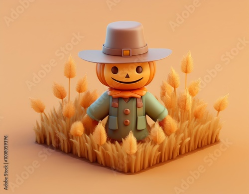 3D pumpkin headed scarecrow stands in a field of tall grass photo