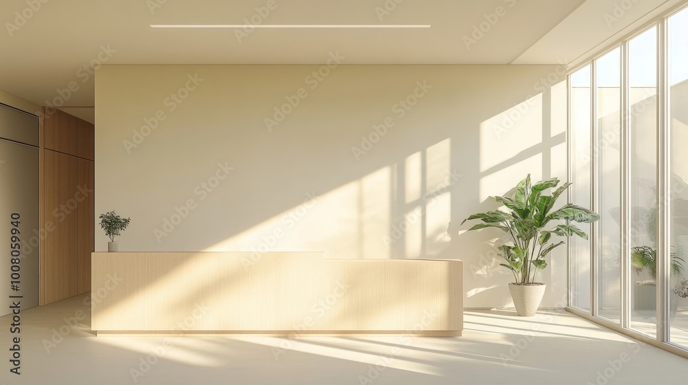 Fototapeta premium Reception area with a simple light wood desk, bright walls, LED lighting, and clear windows, creating an open, minimalist waiting space