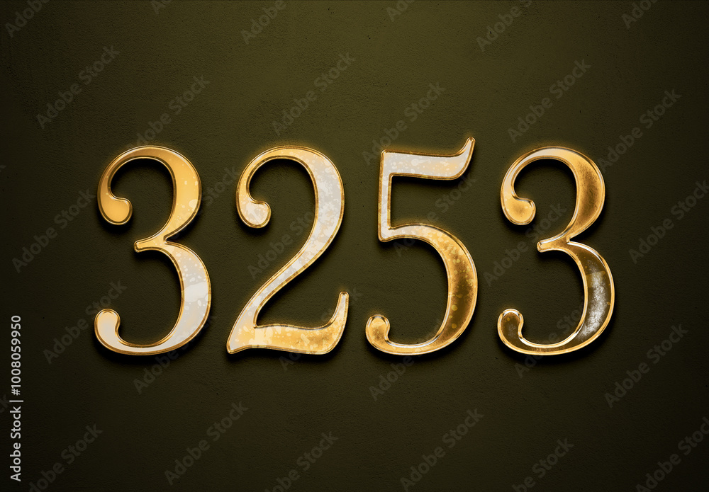 Old gold effect of 3253 number with 3D glossy style Mockup. Old gold effect of 3253 number with 3D glossy style Mockup.