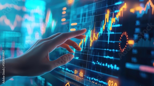 new age touching a growth graph and business plan on a virtual screen with a financial chart and rising stock market graph in the background