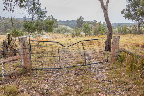 A bent and damaged iron farm gate on sturdy wooden posts blocking off a vehicle track through grasses and trees in Girraween National Park in the granite belt in Queensland, Australia. photo