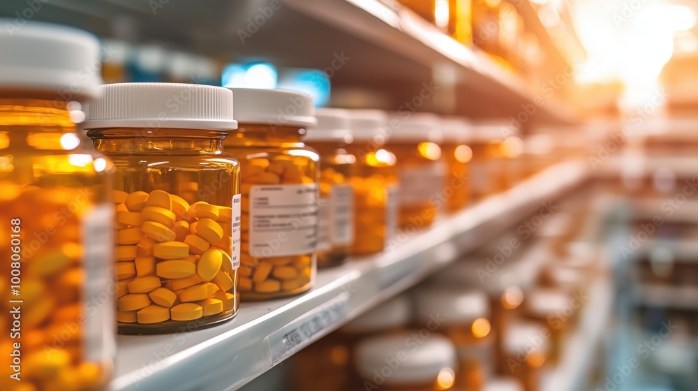 Blurred view of pharmacy shelves showcasing bottles of medication in a warm light, illustrating the organization and ambiance of a pharmacy environment. Blurred view of pharmacy shelves showcasing bottles of medication in a warm light, illustrating the organization and ambiance of a pharmacy environment.