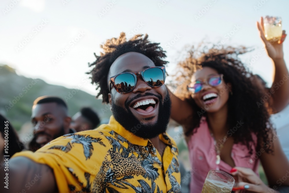 Group of friends taking a selfie while having drinks at the beach Group of friends taking a selfie while having drinks at the beach