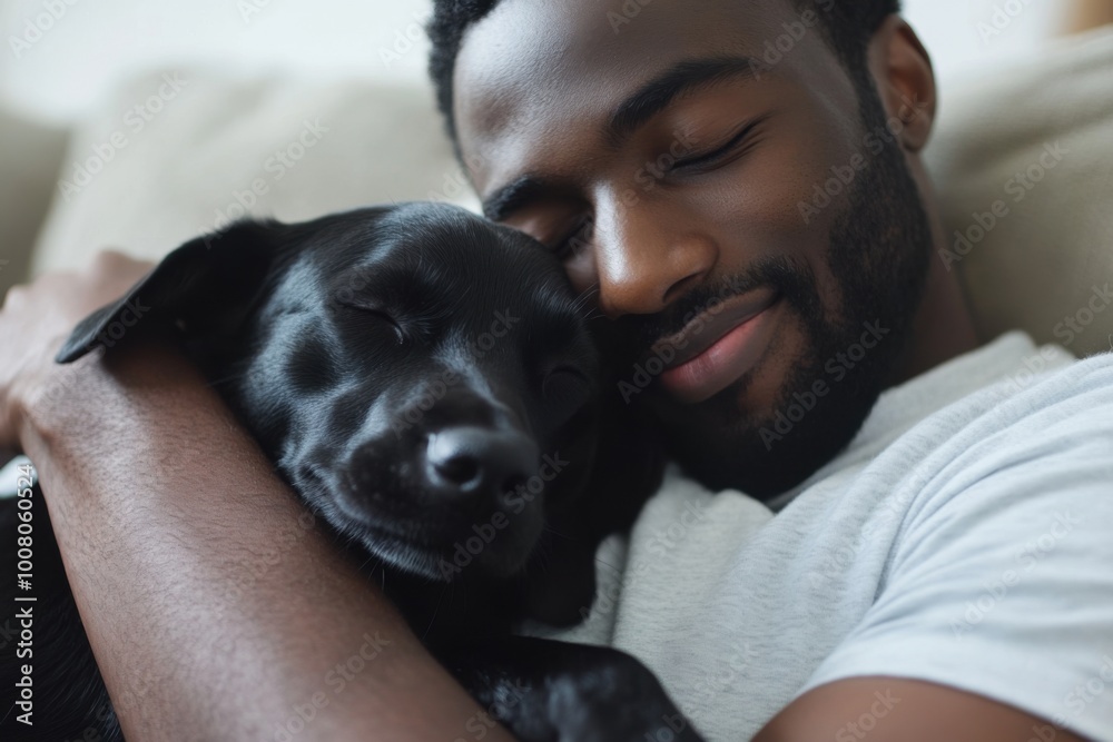 Man shares tender moment with dog, both napping peacefully. Man shares tender moment with dog, both napping peacefully.