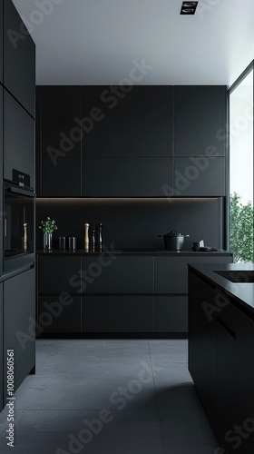 Sleek modern kitchen design featuring black cabinets, minimalist decor, and natural light for an elegant atmosphere.