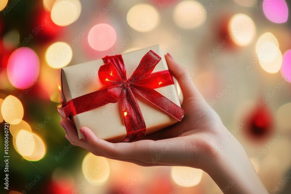 Gift wrapped in red ribbon, embraced by festive bokeh lights. Gift wrapped in red ribbon, embraced by festive bokeh lights.