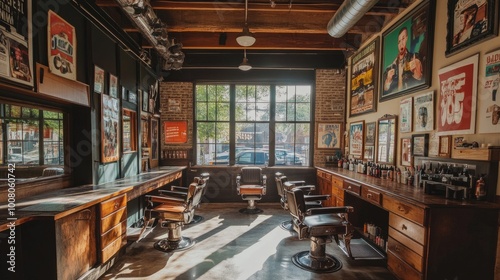 Wallpaper Mural Traditional barber shop with old-school charm, featuring retro posters, wooden accents, and clear windows bringing in natural light Torontodigital.ca
