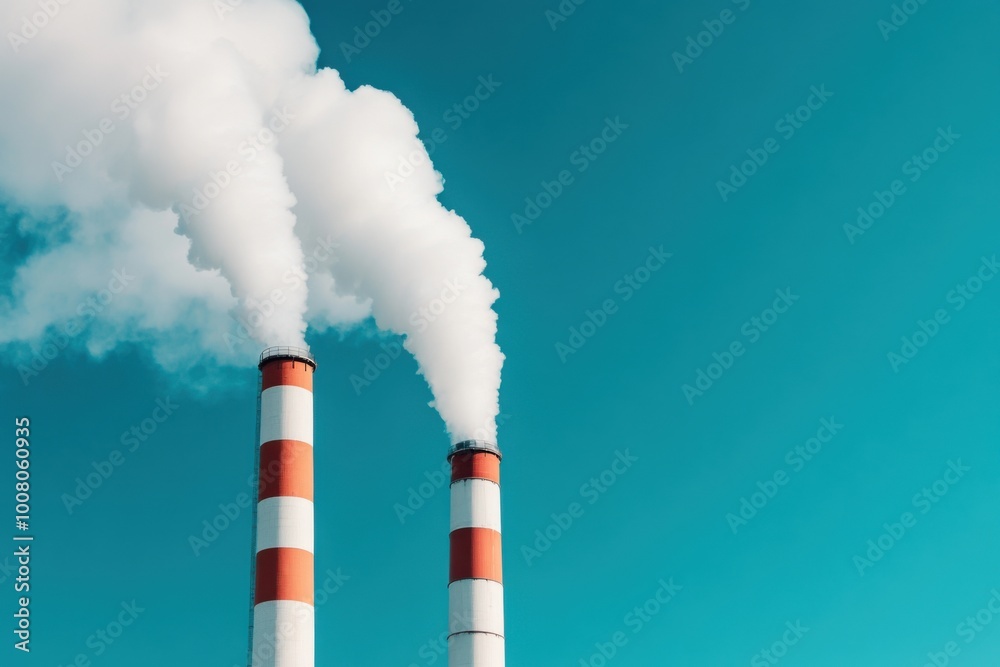 Clean emission from colorful chimneys at clear sky midday Clean emission from colorful chimneys at clear sky midday