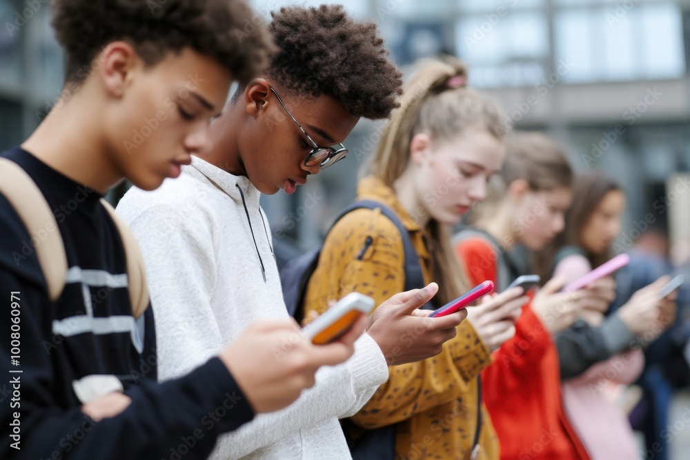Obraz premium Teenagers absorbed in smartphones engaged with technology.