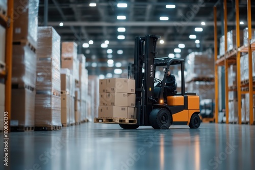 Warehouse worker driving forklift carrying cardboard boxes in logistics center