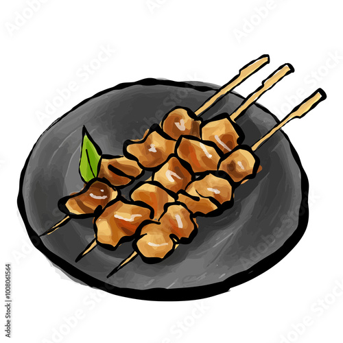 焼き鳥の手書き油彩風の透過イラスト