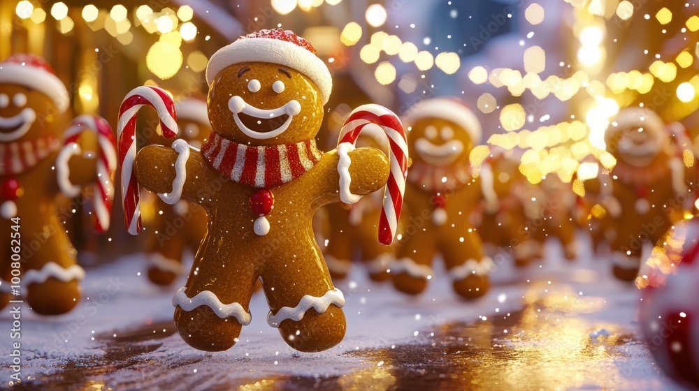 A whimsical holiday parade featuring animated gingerbread men marching with candy cane banners, wearing icing scarves, surrounded by festive lights and falling snowflakes. A whimsical holiday parade featuring animated gingerbread men marching with candy cane banners, wearing icing scarves, surrounded by festive lights and falling snowflakes.