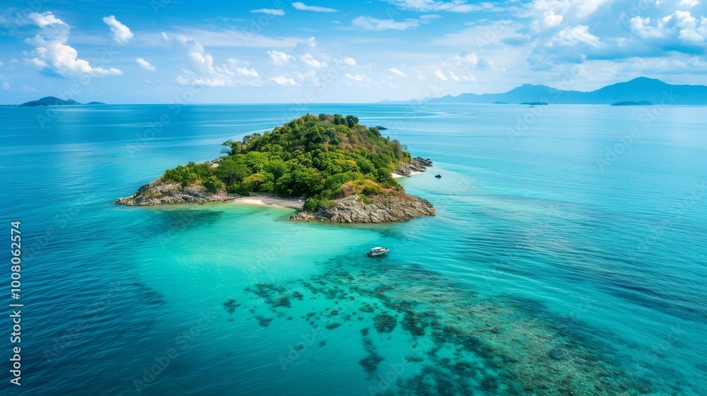 A remote island surrounded by turquoise waters. A remote island surrounded by turquoise waters.