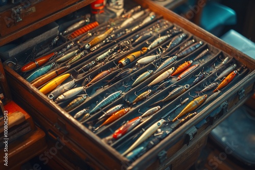 A wooden drawer filled with a variety of fishing lures, arranged in a grid pattern.