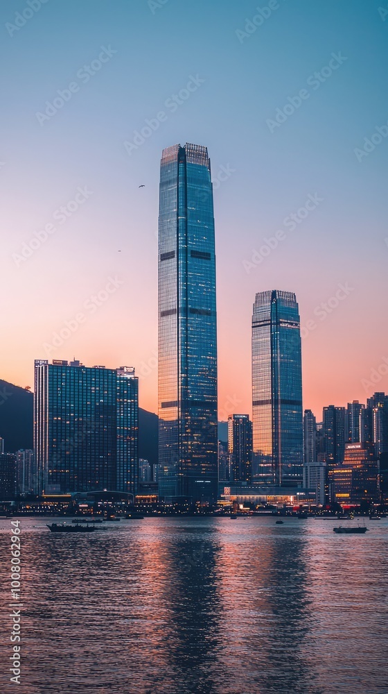 Fototapeta premium Stunning urban skyline at sunset, featuring tall skyscrapers reflecting on the calm water, creating a breathtaking cityscape.