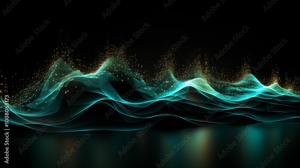 Abstract background with Flowing Waves Composed of Glowing Green and ...