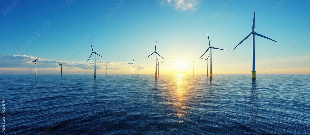 Fototapeta premium Stunning Offshore Wind Farm at Sunset with Turbines Reflecting on Calm Ocean Waters Under a Clear Blue Sky