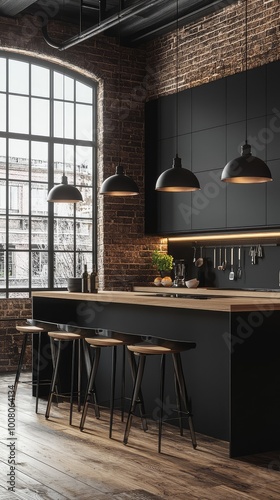 Stylish modern kitchen with industrial design, featuring a brick wall, wooden floor, and inviting bar seating area.