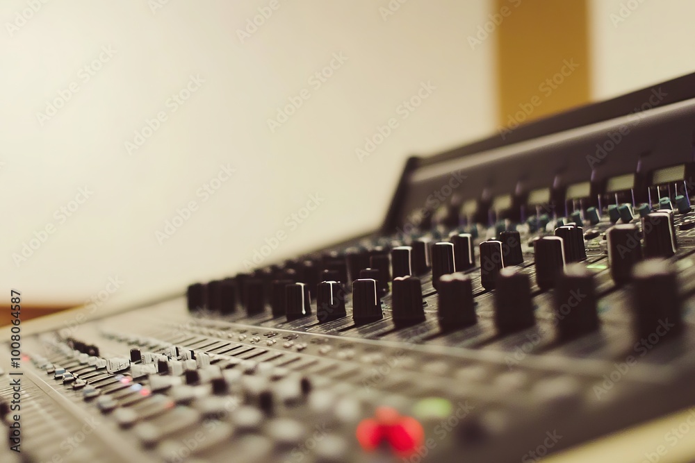 Close-up of sound mixing console with sliders and knobs Close-up of sound mixing console with sliders and knobs