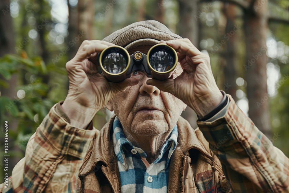 Senior elderly man looks into camera with binoculars in hands and waterfall on the background. Birdwatching, zoology, ecology. Ornithology, research in nature, observation of birds.Adventure Senior elderly man looks into camera with binoculars in hands and waterfall on the background. Birdwatching, zoology, ecology. Ornithology, research in nature, observation of birds.Adventure