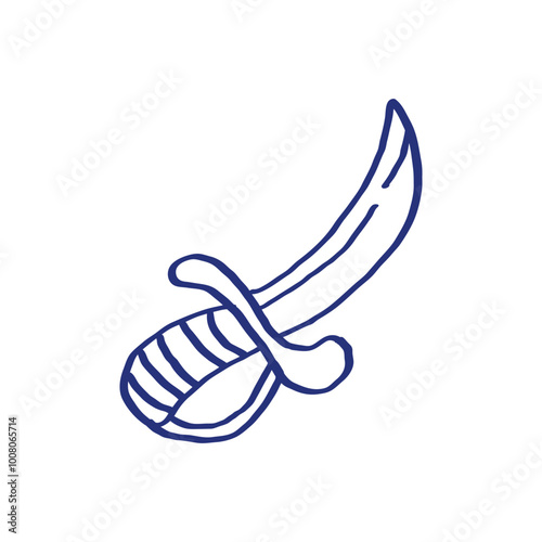 Pirate dagger sketch. Hand drawn illustration. Vector icon. Blue pen or marker drawing. Primitive kids picture