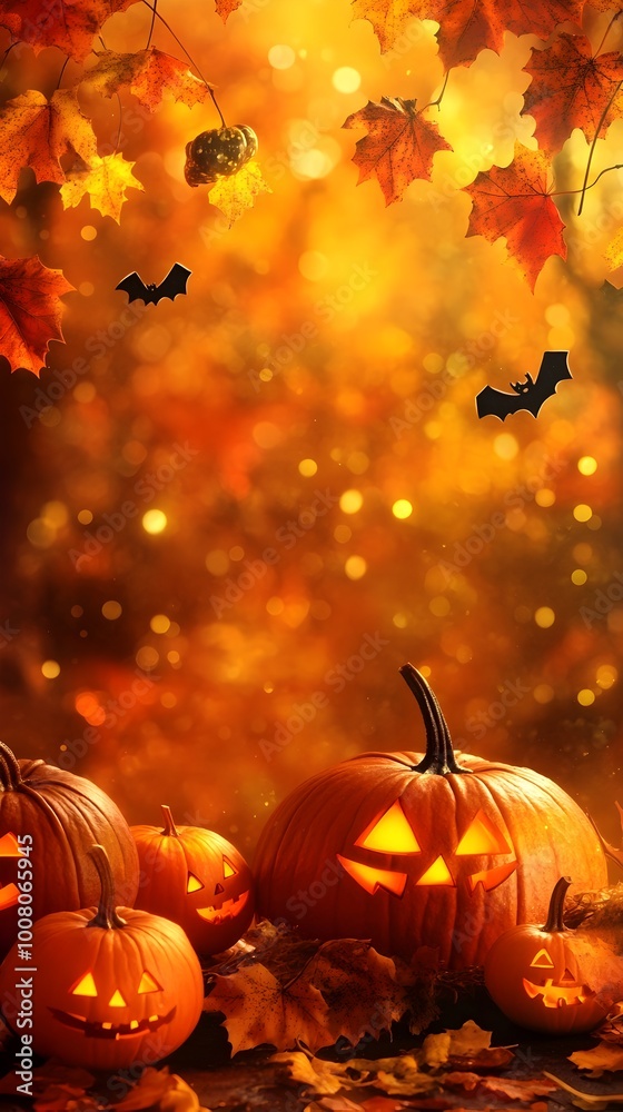 Glowing Autumn Halloween Pumpkins and Bats on Foliage Background with Bokeh Lights Glowing Autumn Halloween Pumpkins and Bats on Foliage Background with Bokeh Lights