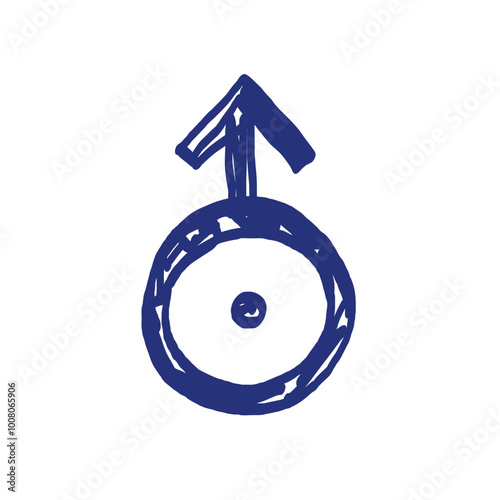 Uranus planet symbol pictogram. Horoscope vector sign. Hand drawn sketch. Blue pen or marker drawing. Primitive kids picture