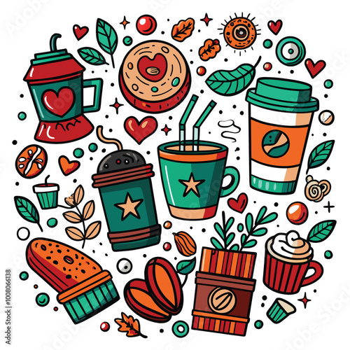 A vibrant collection of hand drawn coffee doodles showcases various cups pastries and playful heart designs capturing the joy of coffee moments