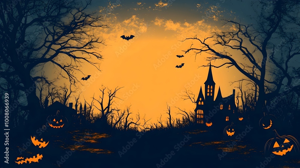 Haunting Autumn Landscape with Spooky Mansion and Halloween Motifs Haunting Autumn Landscape with Spooky Mansion and Halloween Motifs