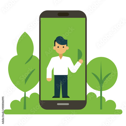 A hand grips a smartphone showing a music app surrounded by vibrant green plants illustrating the blend of technology and nature in everyday life.
