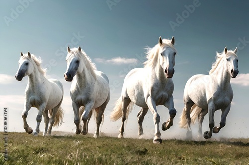 Scene where four beautiful big horses run together on a hill