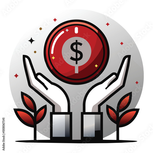 Two hands are raised cradling a large red coin with a dollar sign while ornamental plants and colorful decorations enhance the dynamic atmosphere