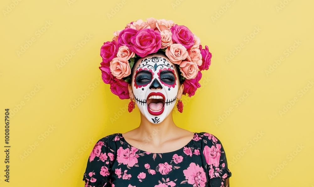 A portrait of a woman with a unique and creative makeup in Halloween A portrait of a woman with a unique and creative makeup in Halloween