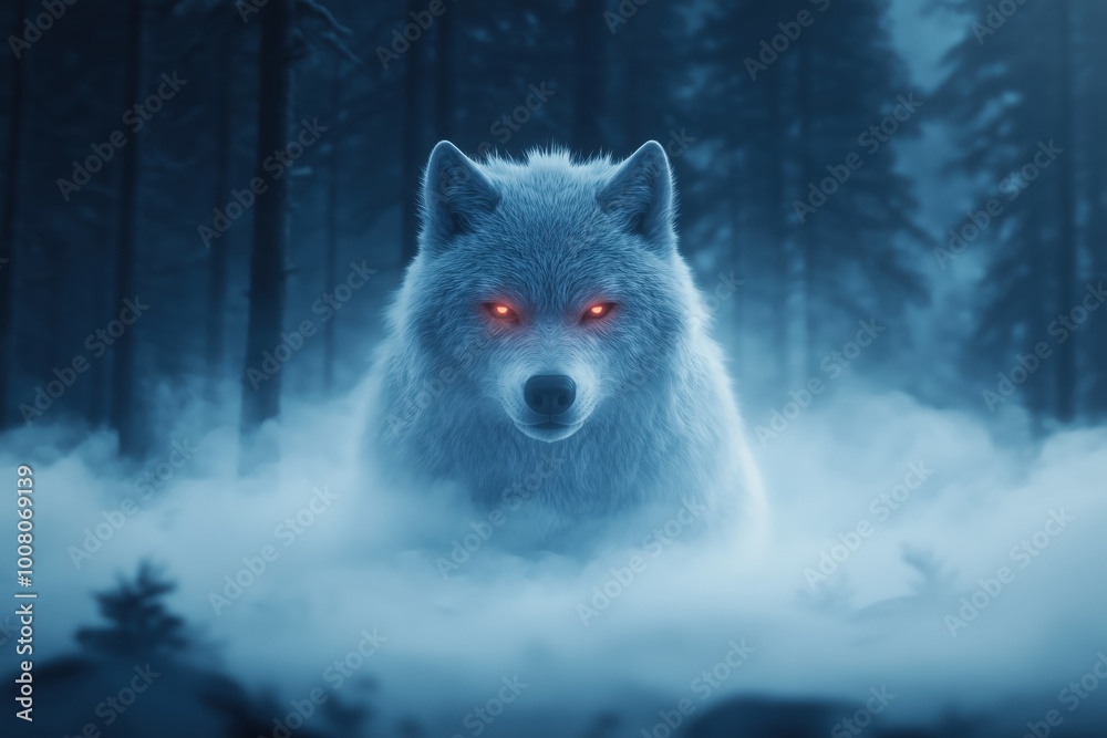 A white wolf with glowing red eyes stands ominously in a foggy forest ...