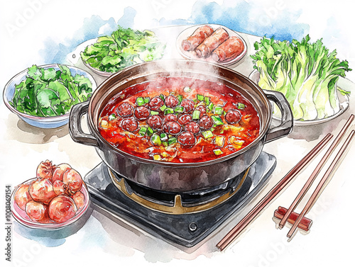 a watercolour painting of korean hot pot, dish of meatballs in a sauce, garnished with green onions, served on a wooden table. photo