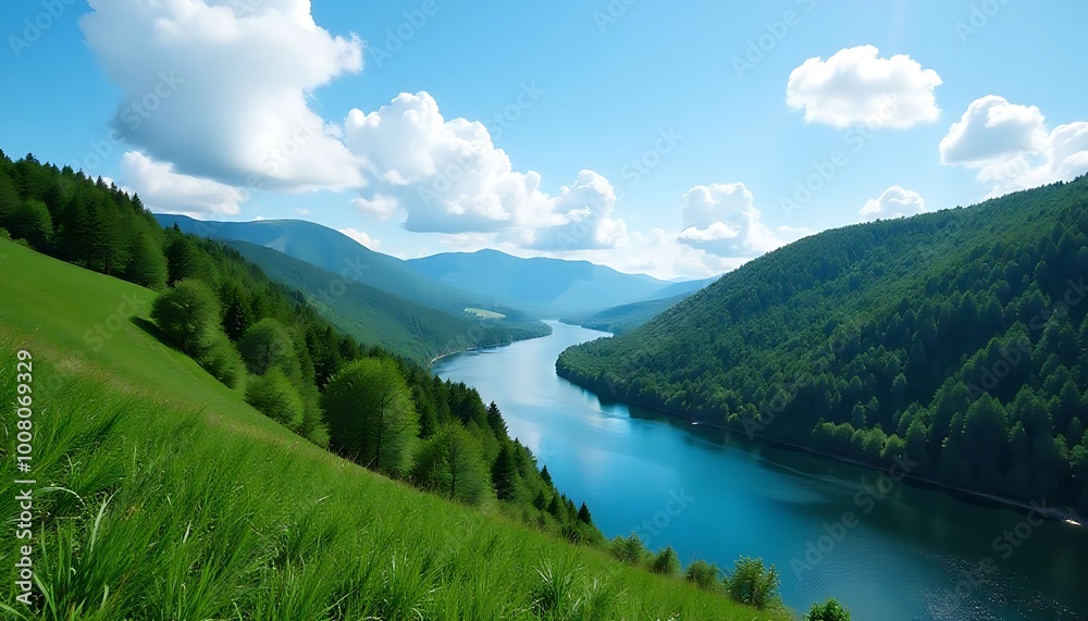 winding river surrounded by lush green hills and forests under a blue sky winding river surrounded by lush green hills and forests under a blue sky