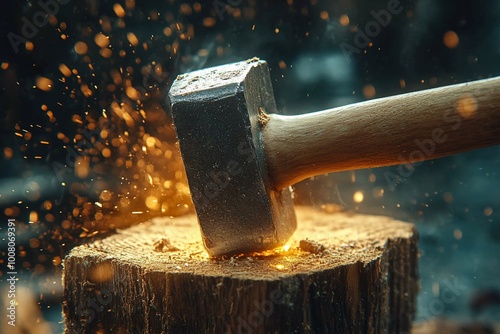 A close-up of a hammer striking a wooden log, creating sparks and dust.