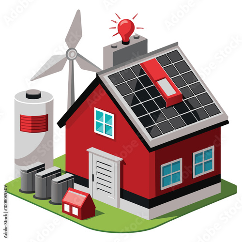 A house equipped with solar panels a wind turbine and battery storage demonstrating energy efficiency and sustainable living practices