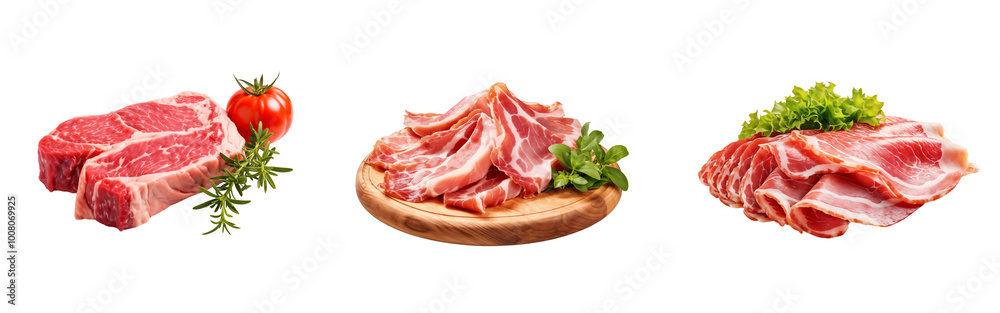 Set of raw beef steak slices, isolated on a transparent background cutout, PNG file. Set of raw beef steak slices, isolated on a transparent background cutout, PNG file.