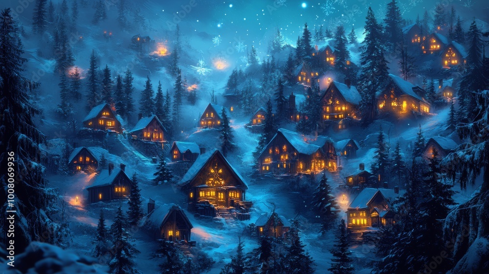 Fototapeta premium Winter Getaways: Scenic snowy village with cozy cabins and soft lights; cool blues and warm yellows., Fantasy illustrator, glowing light neon, digital illustrator, geometric-style neon, Cyberpunk